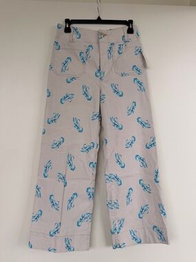 Maeve Light Gray Cropped Wide-Leg Pants with Blue Crab Motif